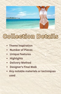 a woman in a bikini on the beach with the words collection details