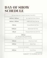 a day of show schedule is shown on a white background